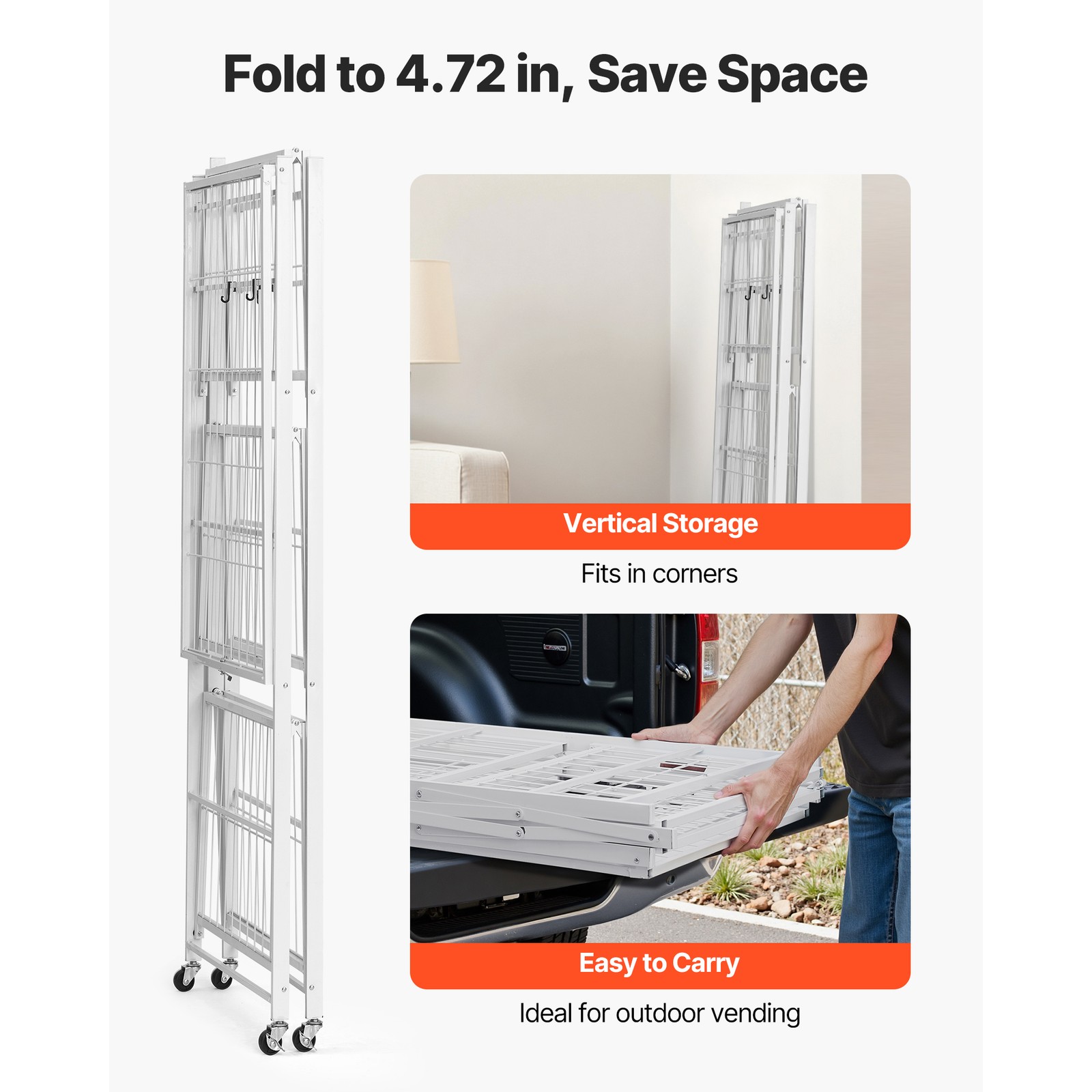Folding Storage Shelf with Wheels 4-Tier No Assembly Organizer Shelf White