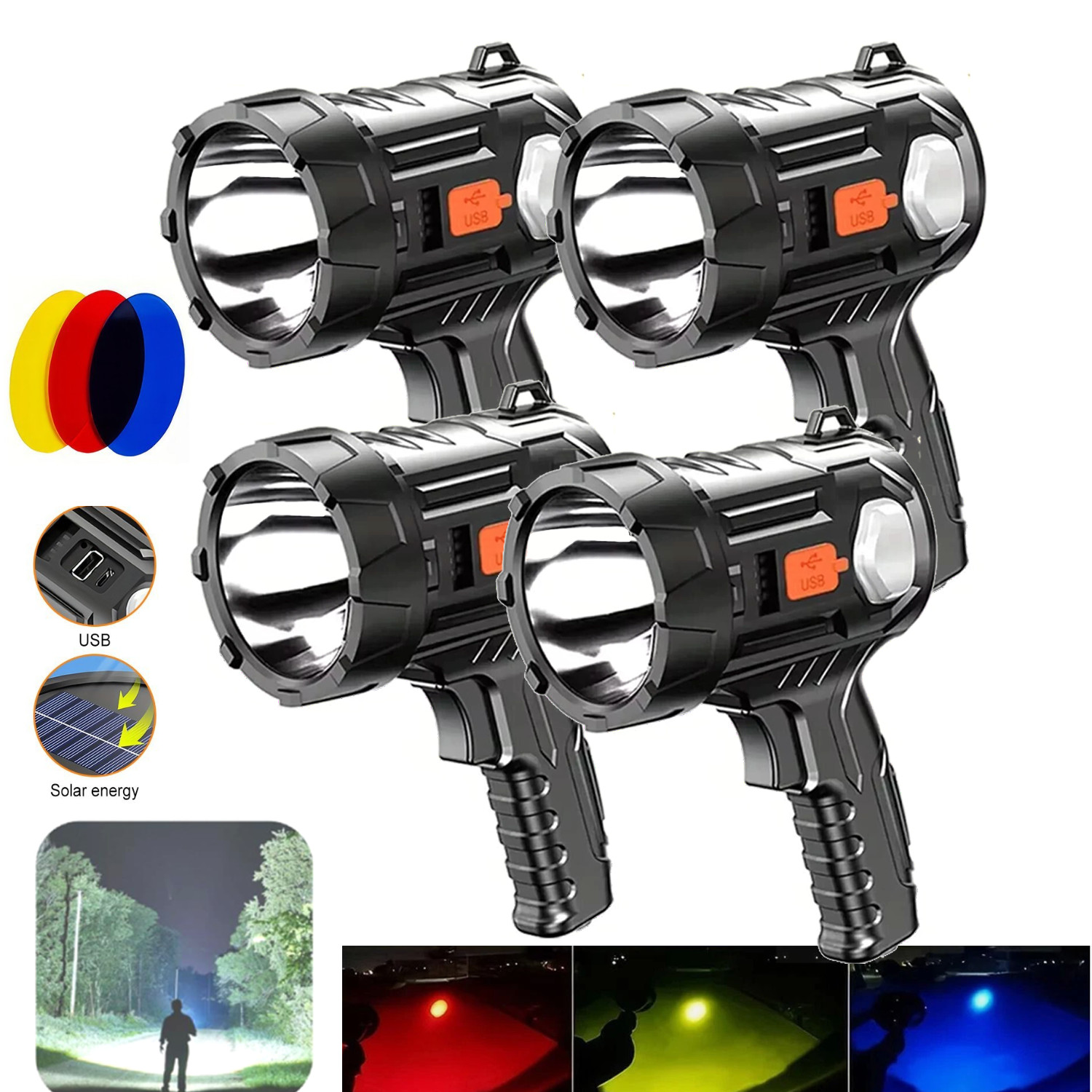 2/4PC Solar/USB Super Bright Rechargeable LED Spotlight Flashlight Searchlights