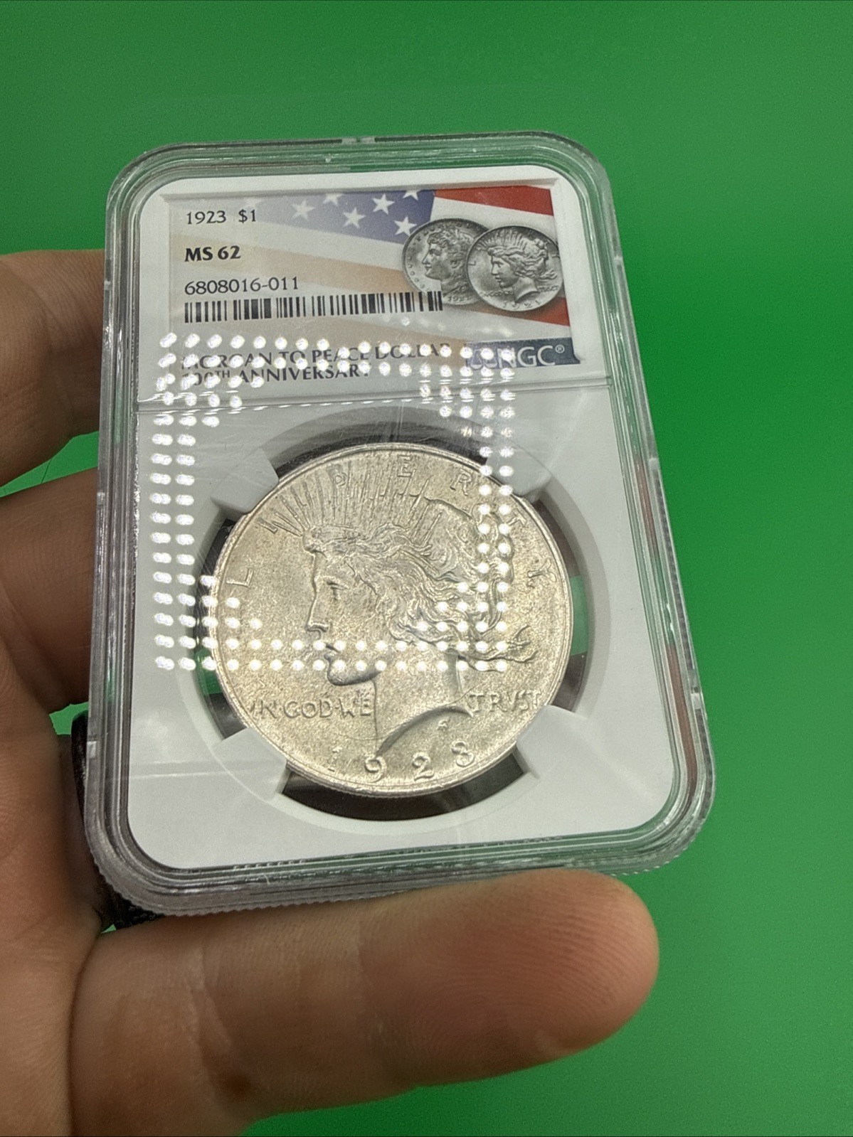 1923 Peace Silver Dollar MS62 NGC 100th Anniversary Flag Label Fire Multiple Ava