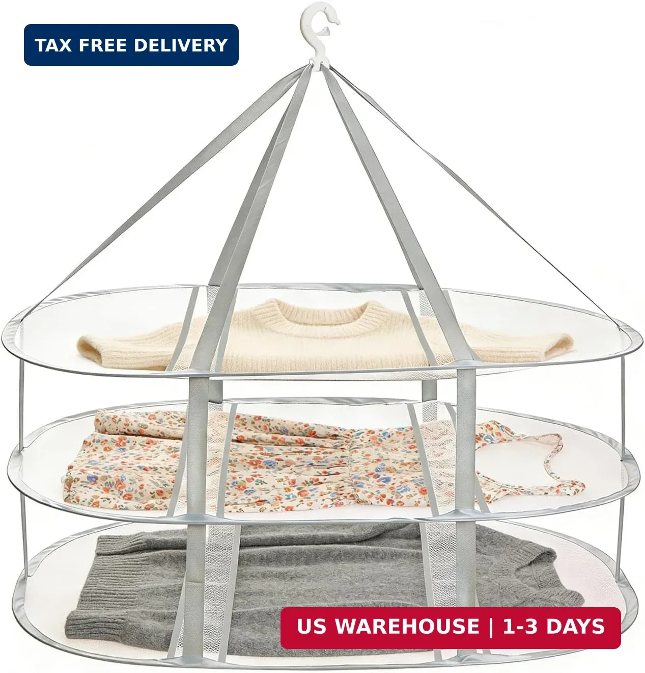3-Tier Folding Mesh Clothes Drying Rack, Hanging Sweater Dryer for Laundry, Larg