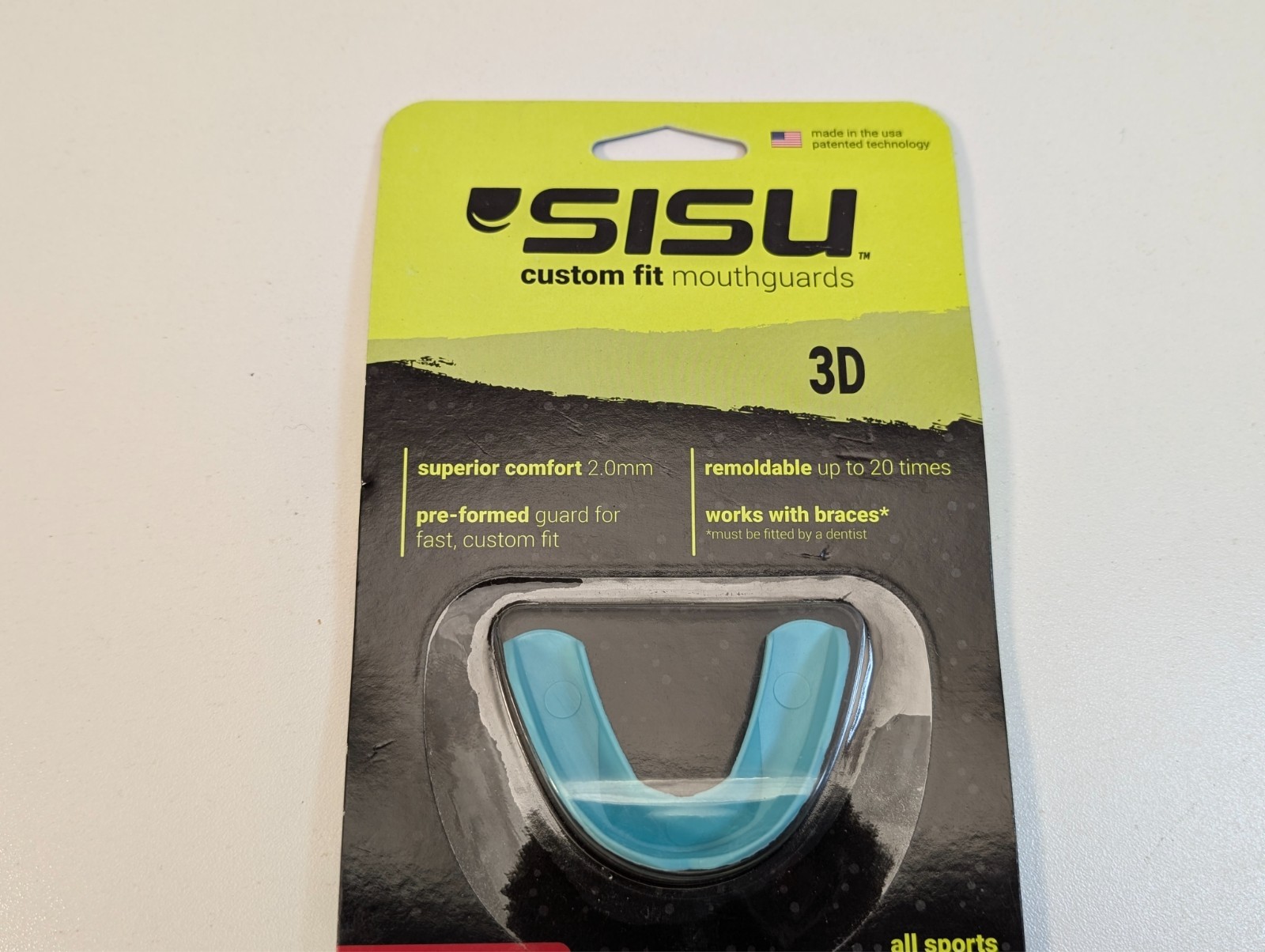 SISU 3D Custom Fit Adult Mouthguard, Aqua, 2.0mm, Adult Size, New and Sealed