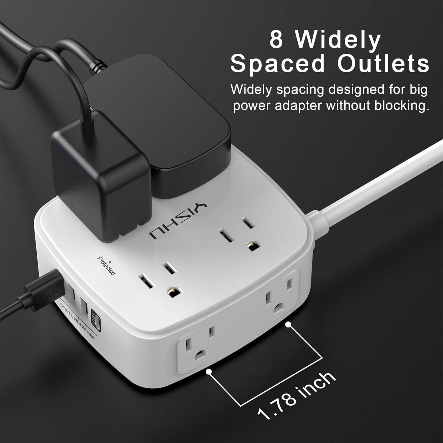 6ft Surge Protector Power Strip, 8 Outlets + 4 USB, Flat Plug Wall Mount