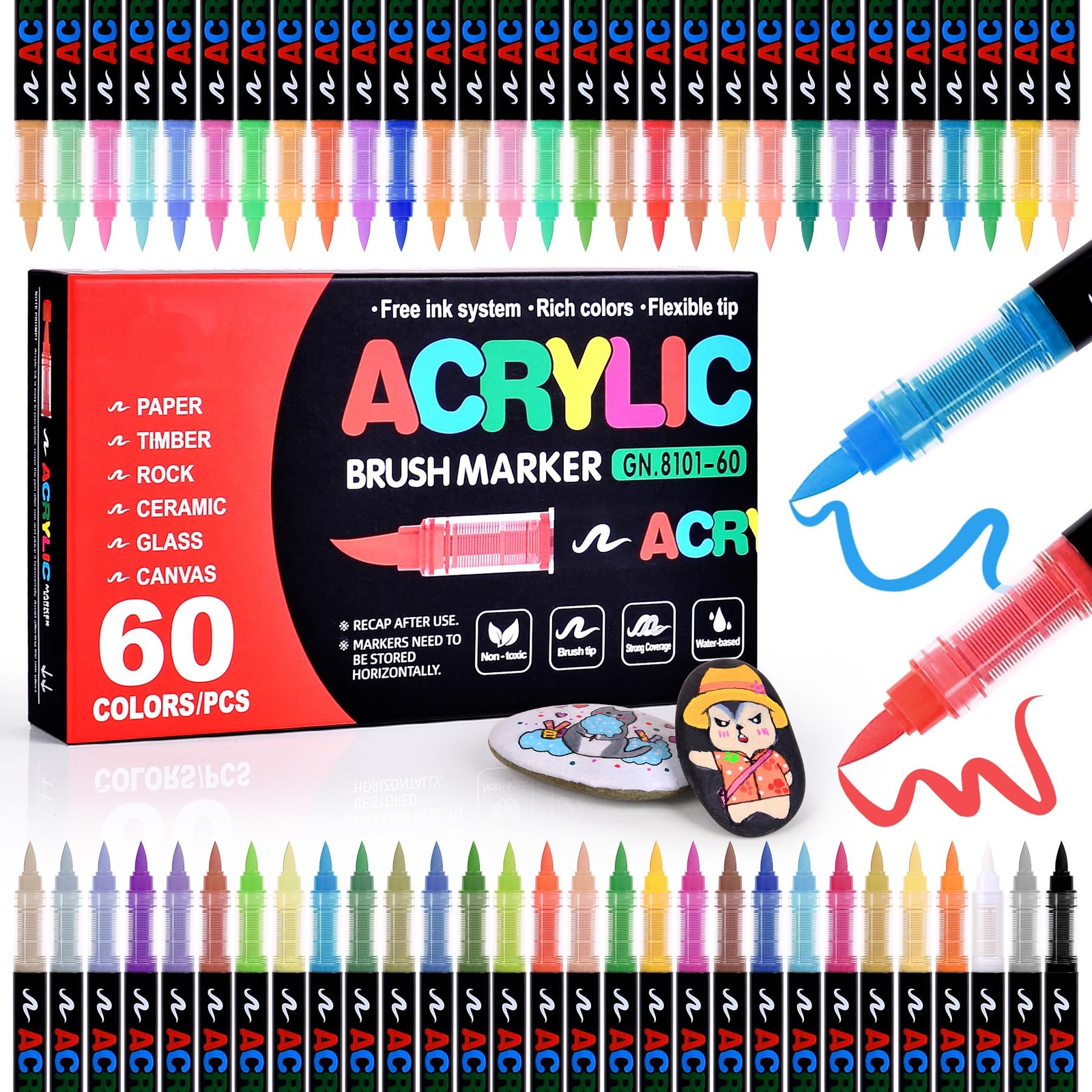 60 Colors Acrylic Markers, Soft Brush Tip Acrylic Paint Markers, Automatic In...