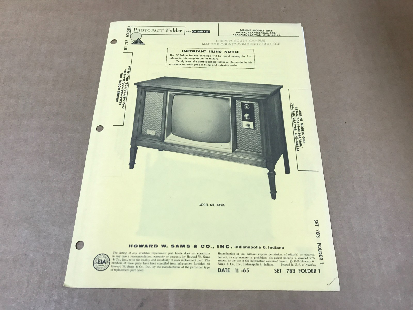 Vintage Photofact Folder - 783 - Airline Models 4836A/46A/46B/56A/56B Television