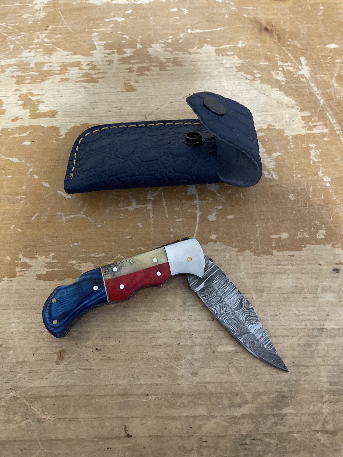 Custom Damascus Folding Pocketknife Texas Flag Red/White/Blue W/Leather Sheath