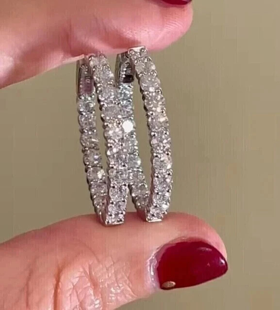 Women's Hoop Earrings 2Ct Round Real Moissanite 14k White Gold Plated Silver