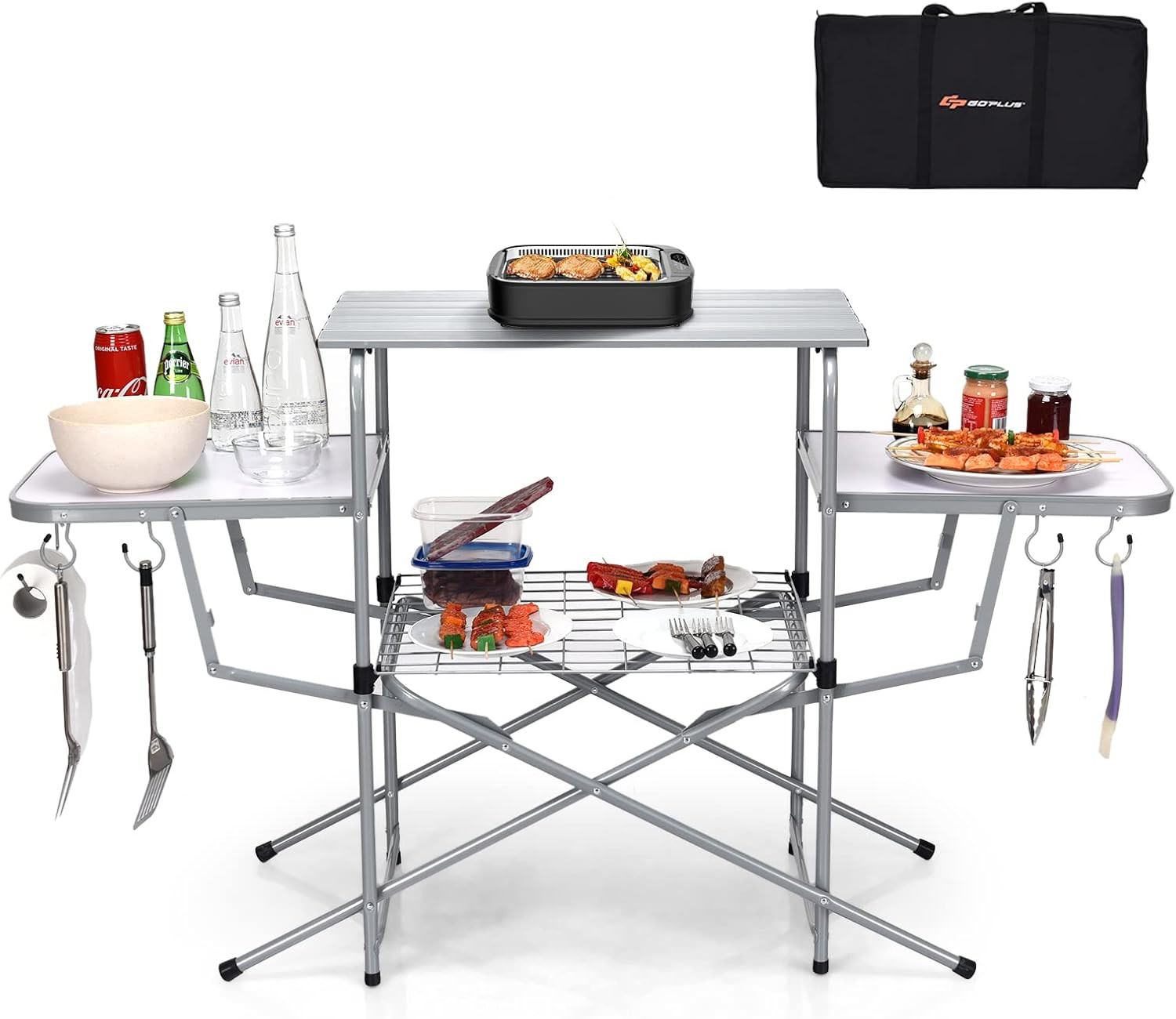 Folding Grill Table, Aluminum Camping Table with 26'' Main Tabletop, Hooks and C