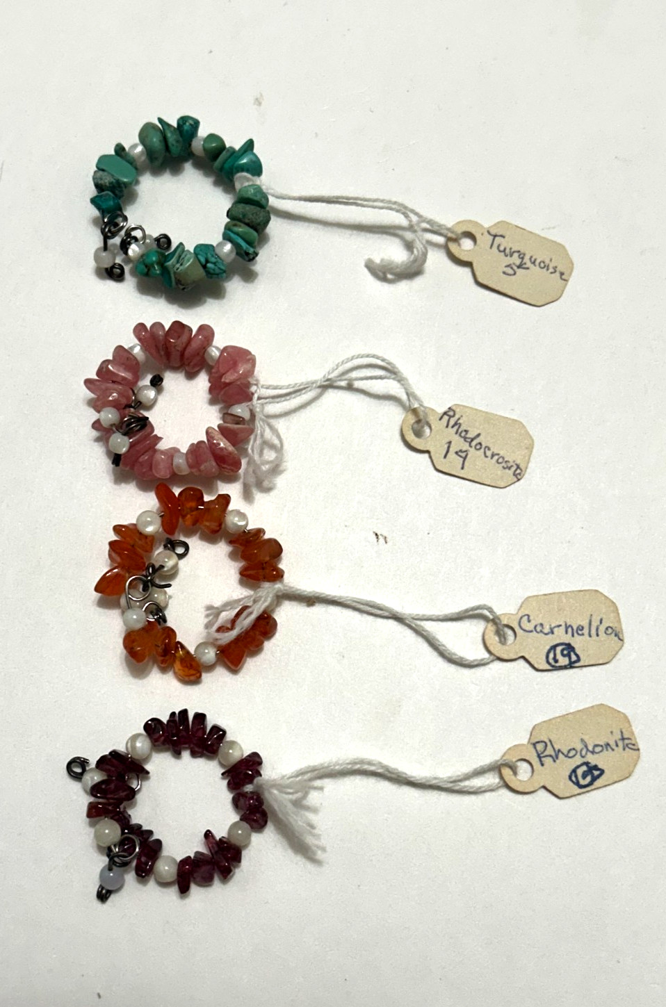 Vintage Gemstone Chip Ring Lot Turquoise Rhodocrosite Carnelian Rhodonite Pearl