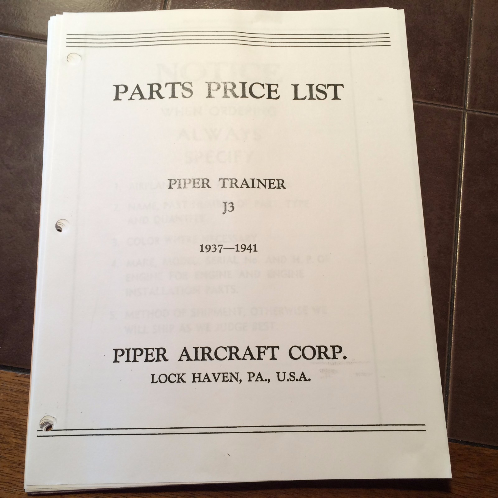 1937-1941 Piper Trainer J3 Parts Manual with Parts Price Listings