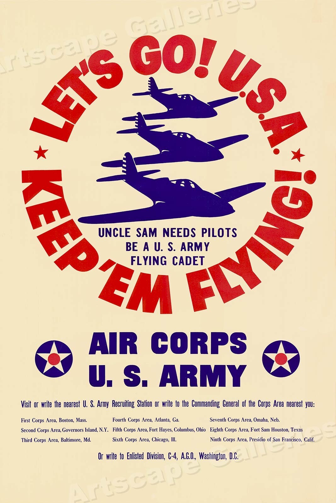 US Army Air Corps 1941 WWII Recruiting Poster - Let's Go! - 16x24
