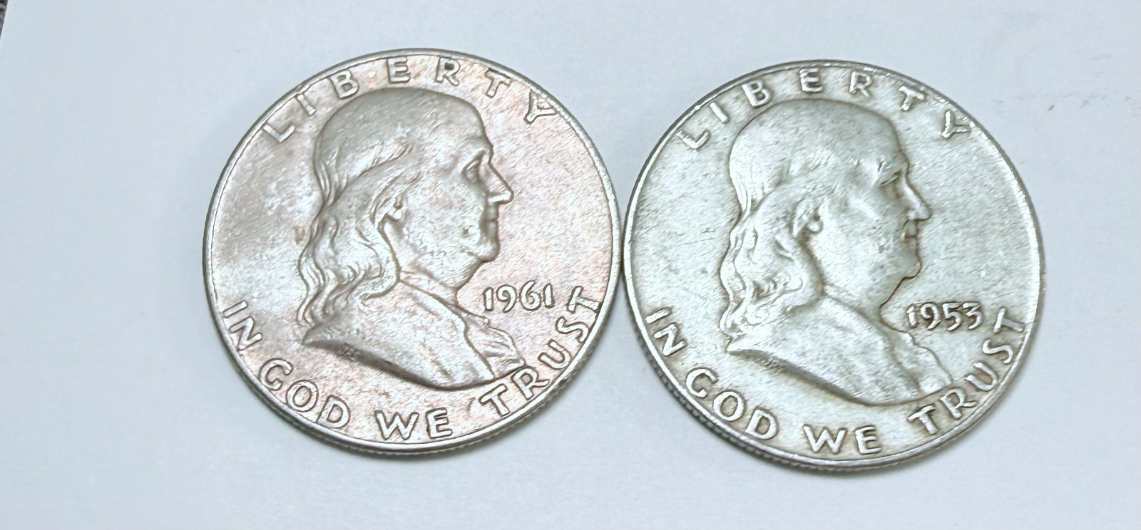 FRANKLIN SILVER HALF DOLLARS LOT OF 2, 90% SILVER CIRCULATED COINS  #10928