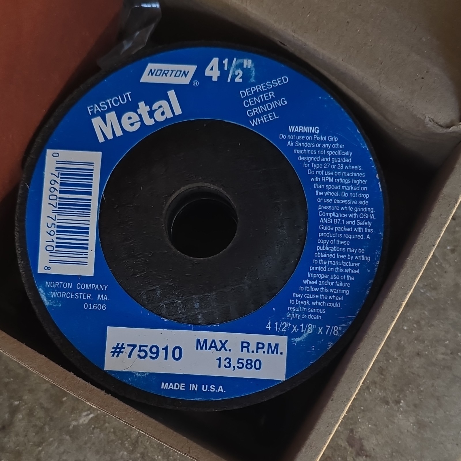 Norton Fastcut Metal Depressed Center Grinding Wheel 4-1/2" MPN 75910