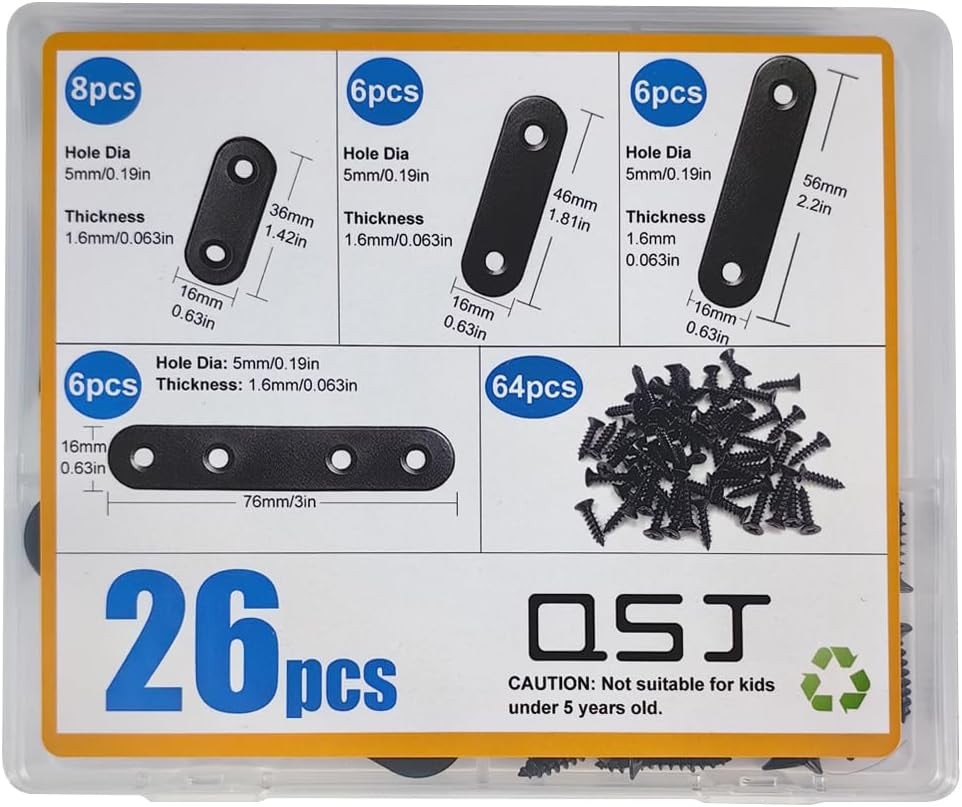 QSJ 26 Sets Flat Plate Straight Bracket Brace Black,Kit, Black
