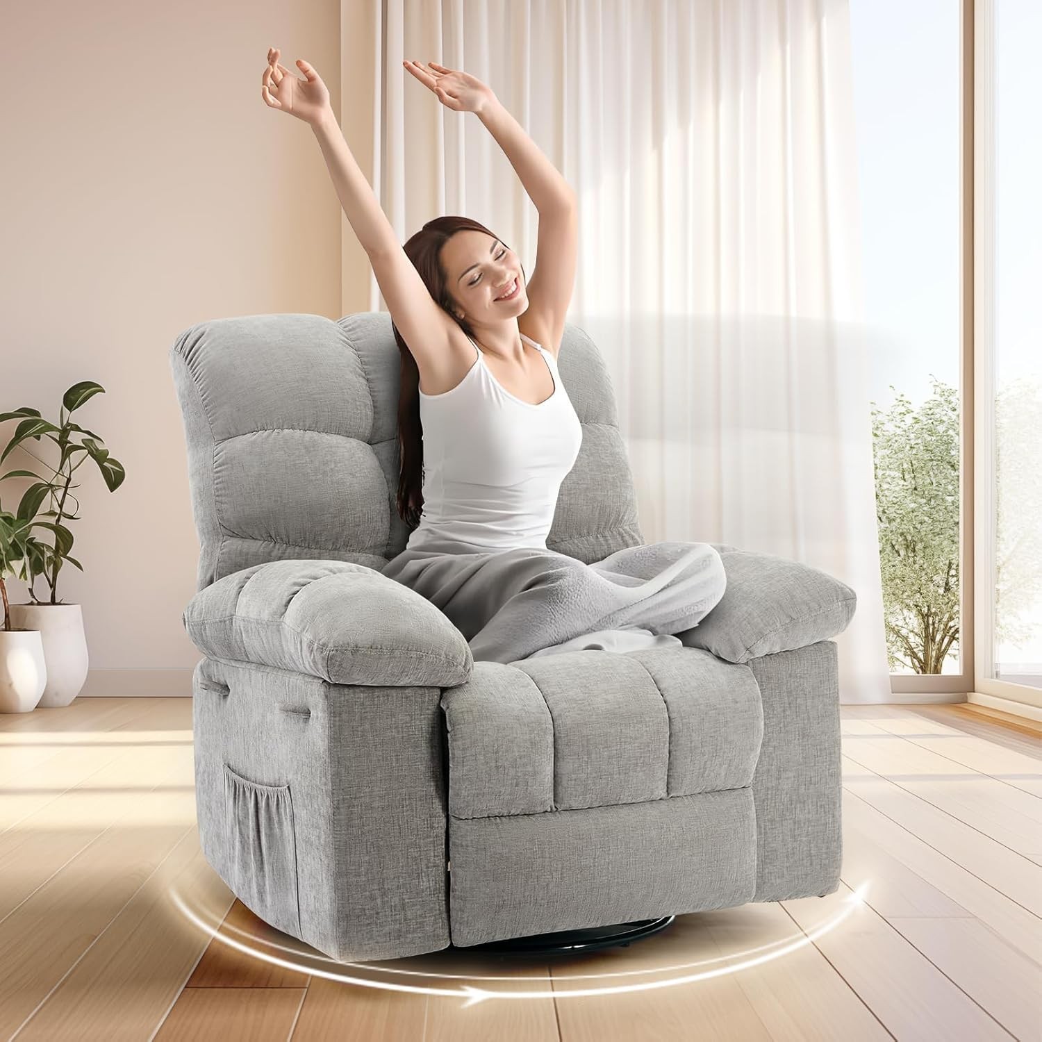 Rocking Recliner Chair Upholstered 360° Swivel Rocker Chair Deep Seat Light Gray