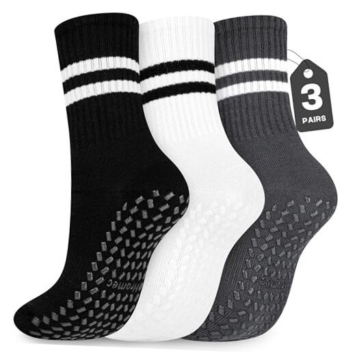 Pilates Socks with Grips for Yoga, Barefoot, Ballet, 3 Pairs-black White Grey