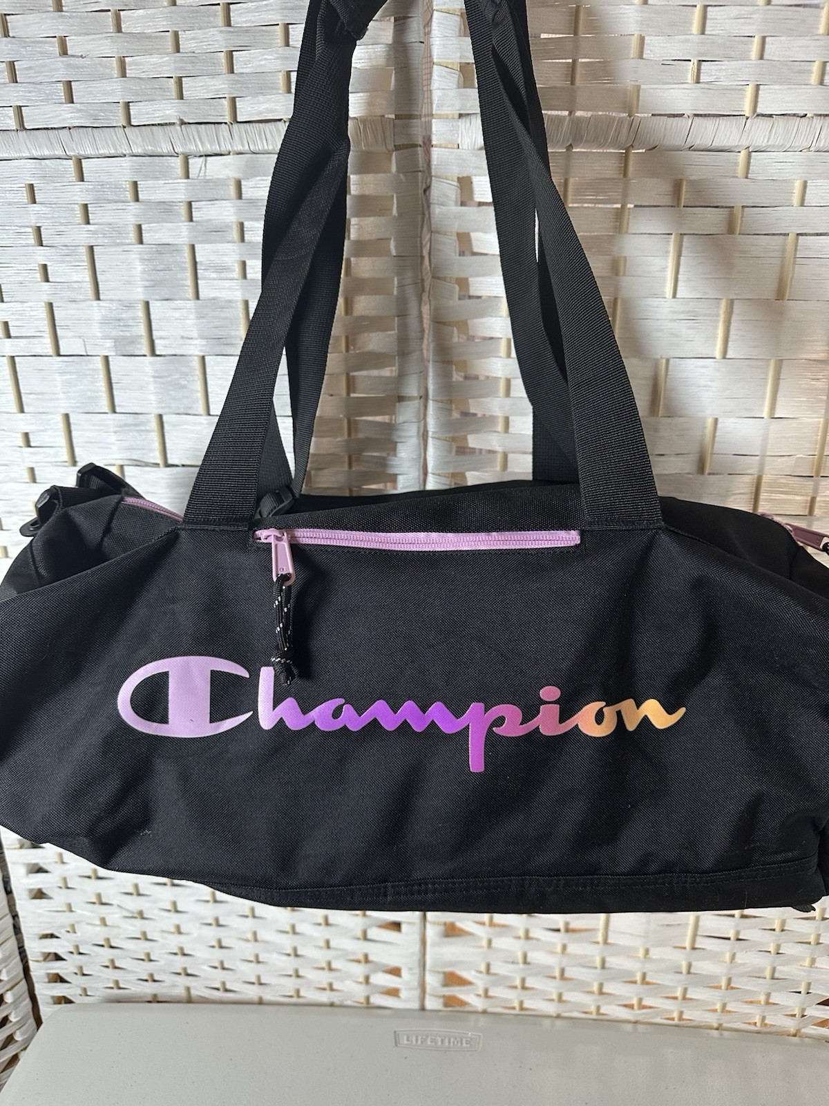 Champion  Duffle Bag Black Lavender Spellout Gym Athletic Bag Rainbow