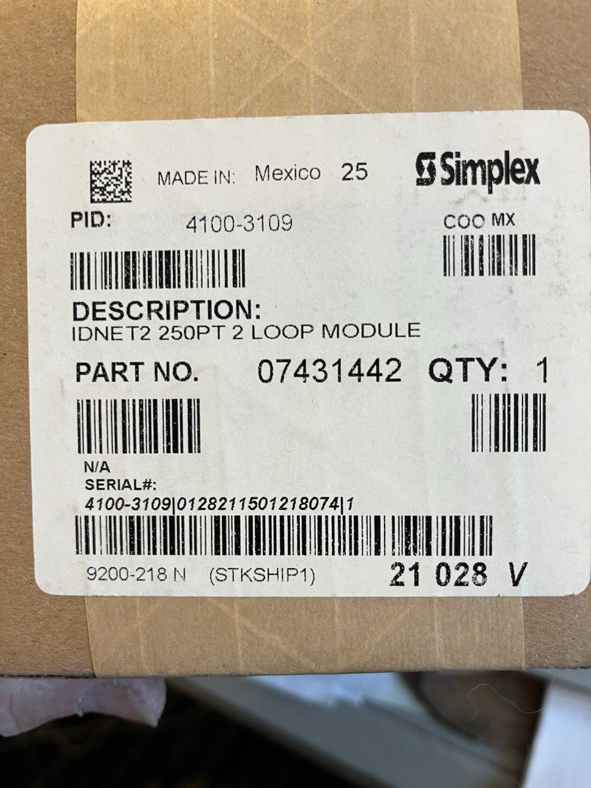 SIMPLEX 4100-3109 IDNET2 250PT 2 LOOP MODULE 07431442