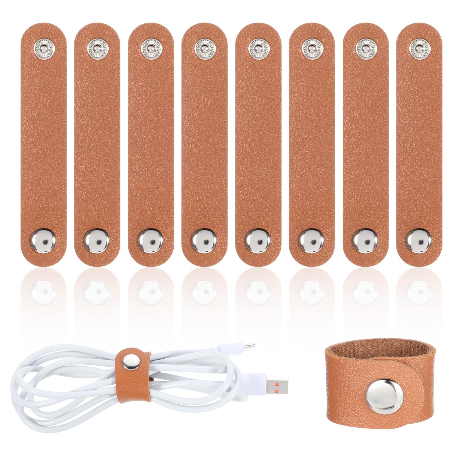 10 PCS PU Leather Cord Organizer, Reusable Strap Keeper, Cable Brown