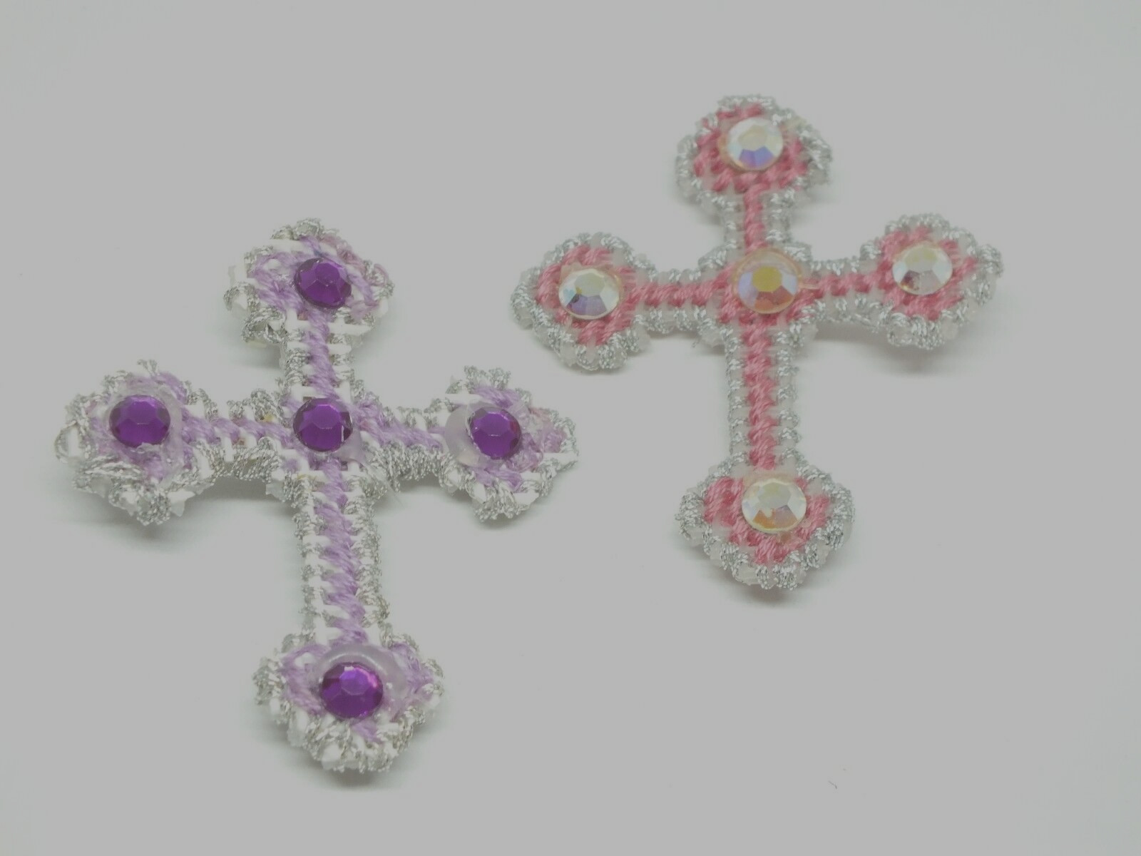 Handmade Brooch Pin Cross Set 2 Purple Pink Silver Thread Rhinestone 2 1/2 x 2"