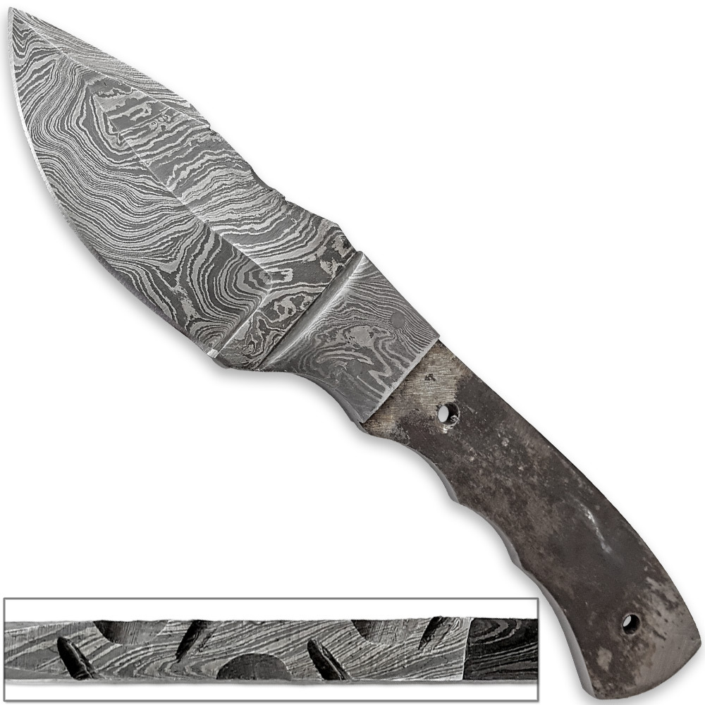1095HC Damascus Steel Skinner Knife Blank DIY Make-Your-Own Handle w BOLSTERING