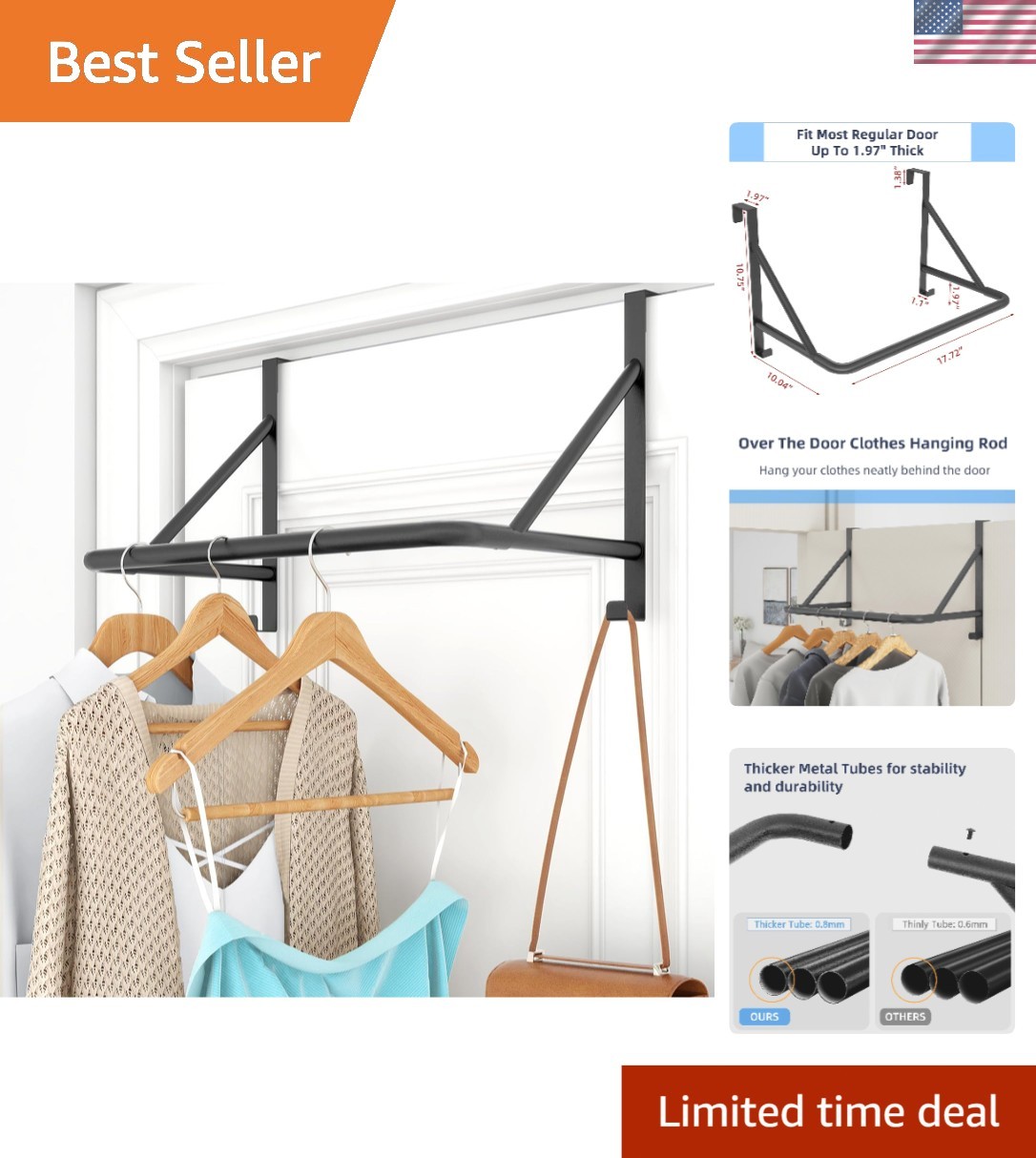 Over The Door Clothes Hanger Rod Metal Closet Rack for Laundry Bedroom Black