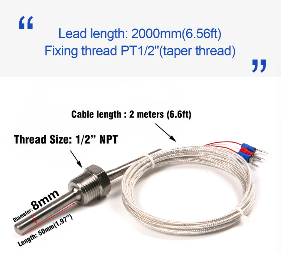 1/2" NPT Thread Pt100 RTD Temperature Sensor Probe with Wire -50 to 250°C / -58F