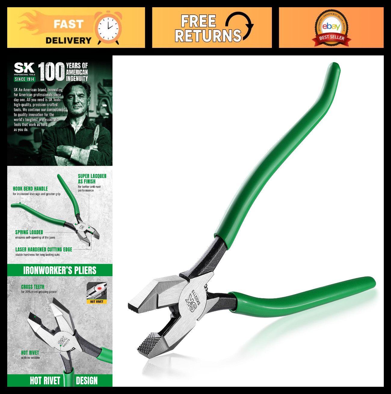 9" Heavy Duty Ironworker's Pliers - Linesman Wire Cutters, Spring Loaded, CR-V S