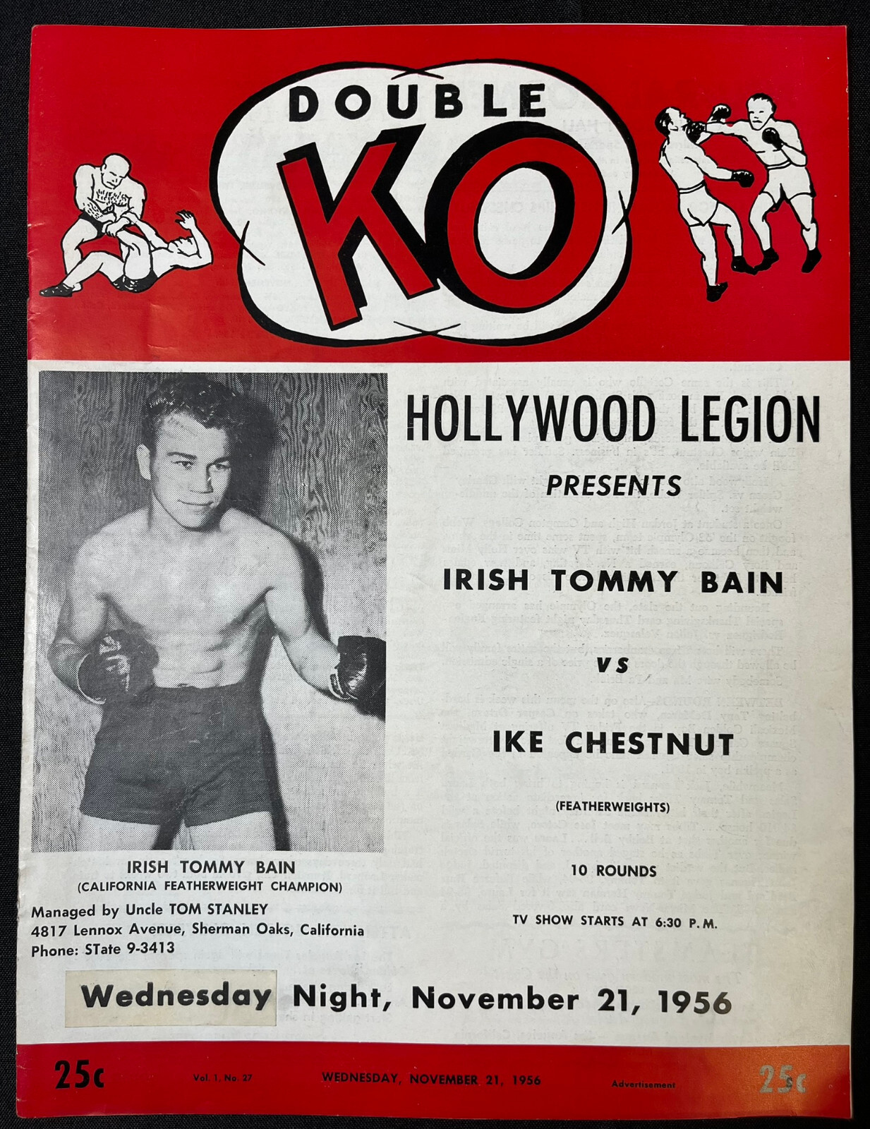 1956 TOMMY BAIN vs. IKE CHESTNUT Double KO Boxing Program HOLLYWOOD LEGION