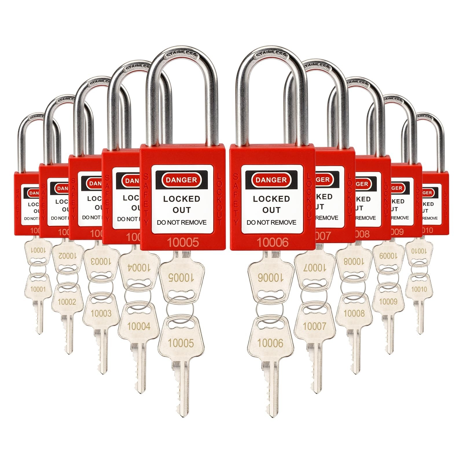 Lockout Tagout Locks with Brass Core, Keyed Different, 10 Red Safety Padlocks...