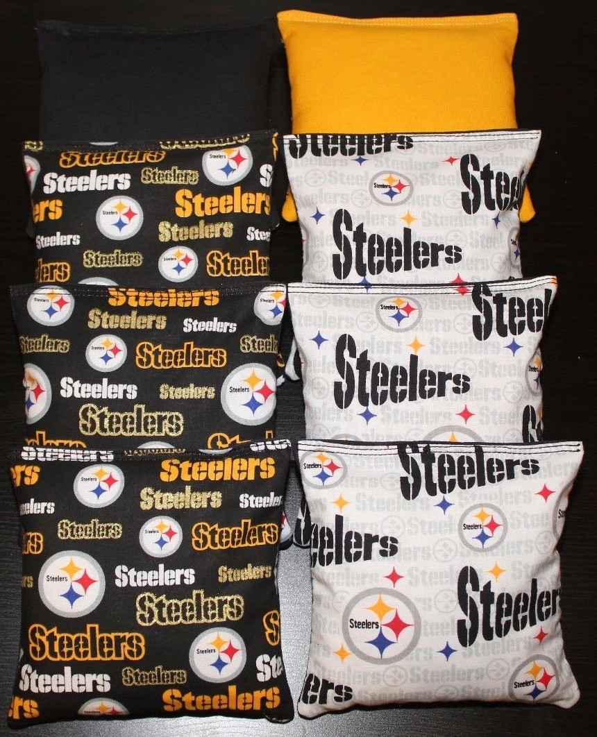 8 CORNHOLE BEANBAGS made w PITTSBURGH STEELERS Fabric ACA Reg Bags, Top Quality!