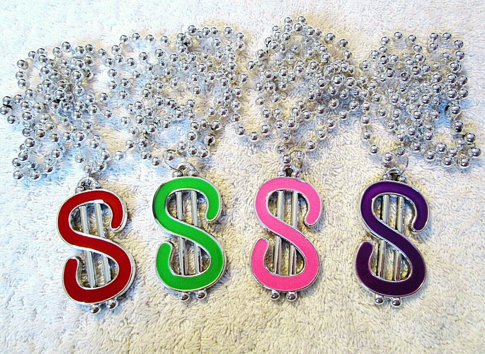 SET of FOUR - BEAUTIFUL DIFFERENT "COLORED DOLLAR SIGNS" MARDI GRAS BEADS (B000)
