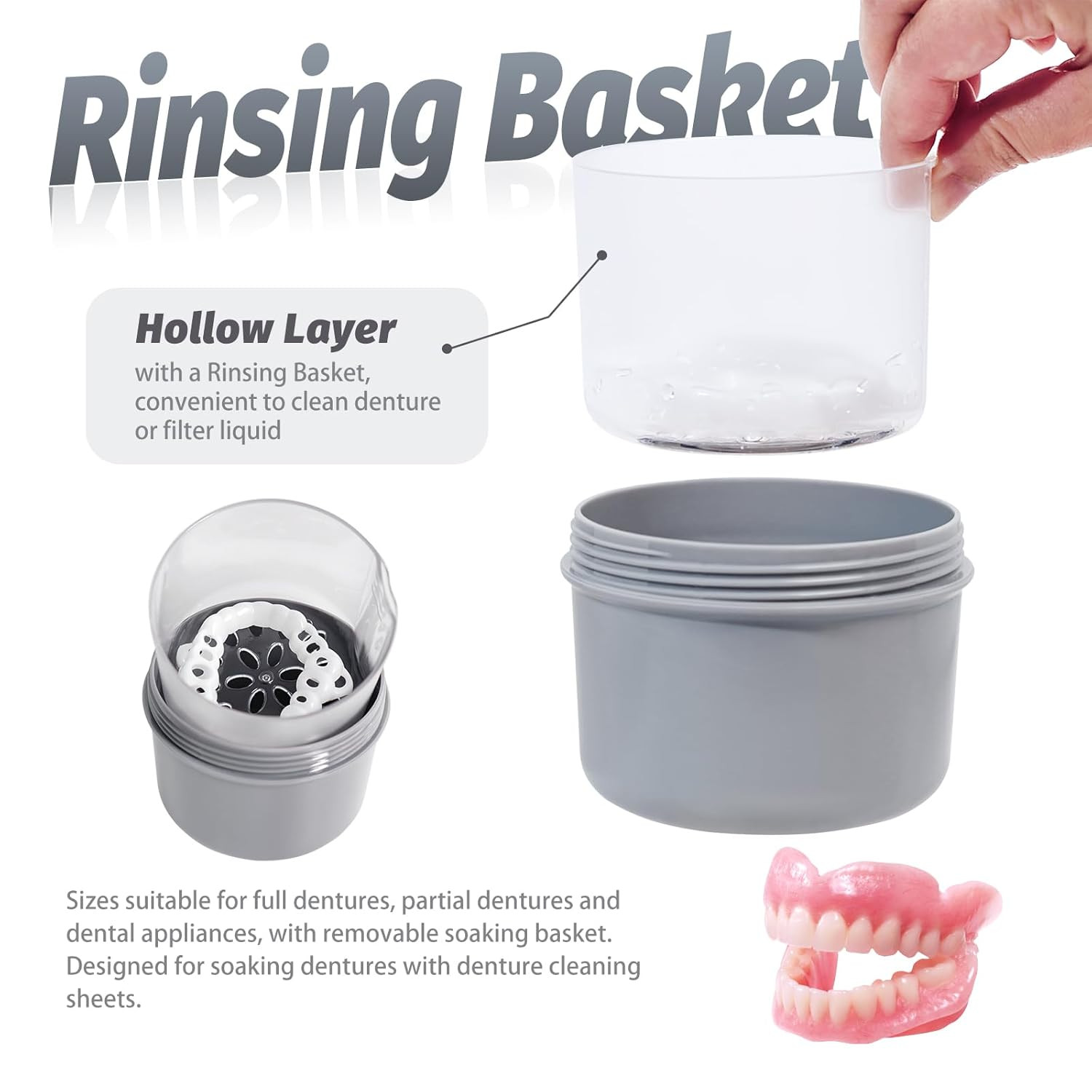 Large Denture Bath Cup No Leak Denture Case Retainer Cleaner Case Complete Cl...