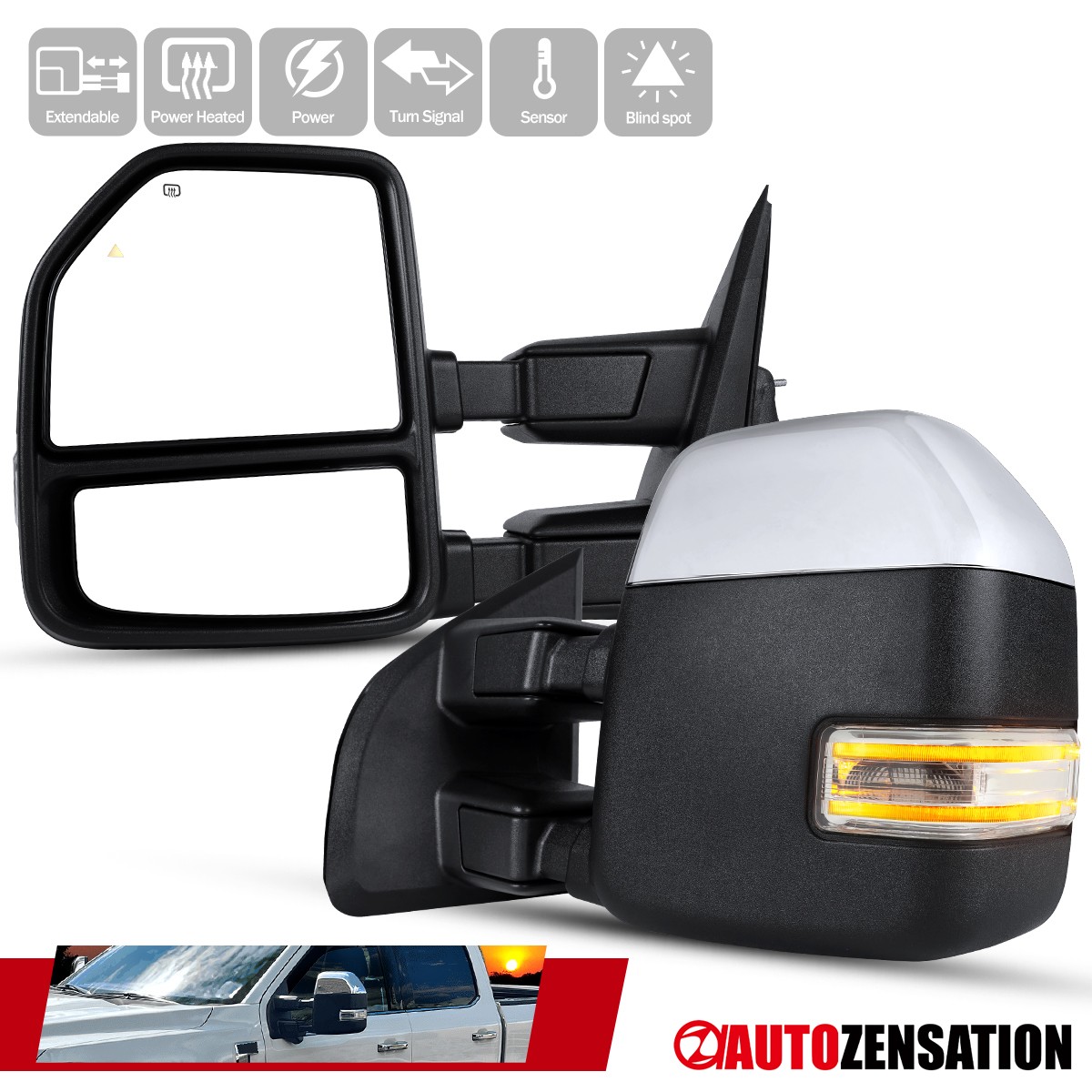 Fit 2017-2019 Ford F250 F350 Chrome Power Heat Towing Mirrors+BSM Signal Sensor
