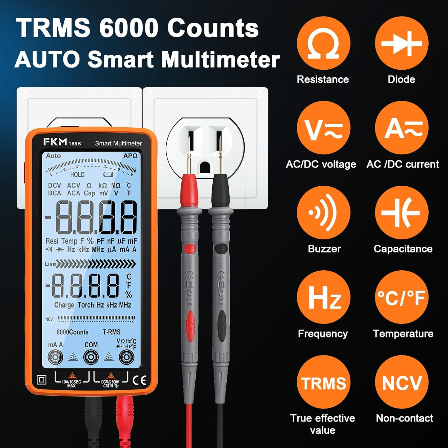 Rechargeable Digital Multimeter Tester Auto-Ranging TRMS 6000 Counts | Smart Vol