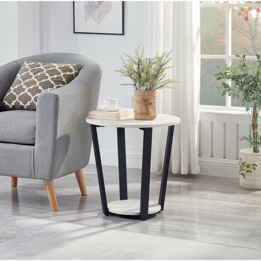 Elysian Contemporary Round End Table with Shelf Off White Living Room