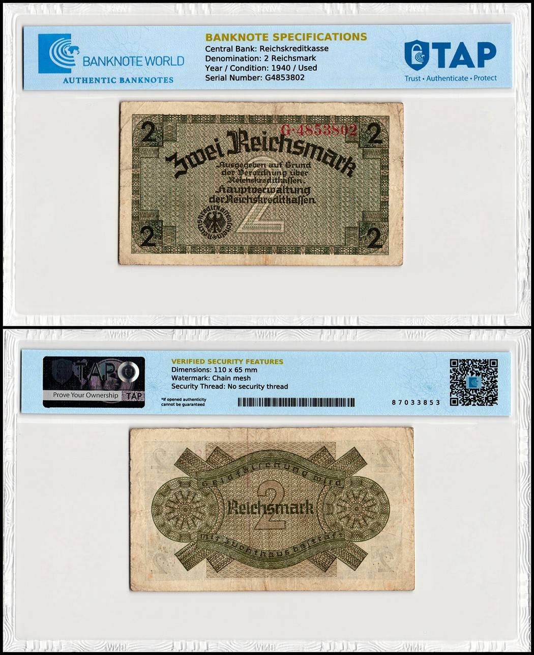 Germany 2 Reichsmark, 1940-1945 ND, P-R137, Used, TAP Authenticated