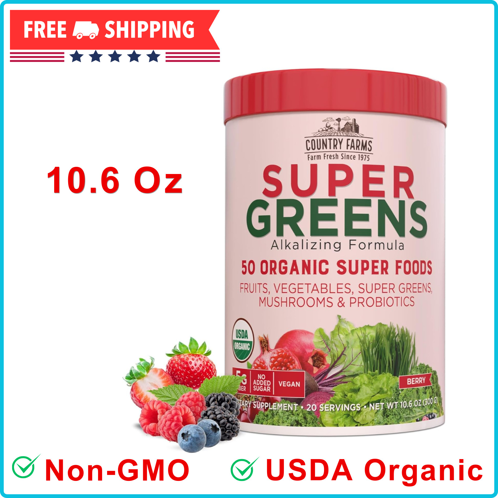 Country Farms Super Greens Organic Drink Mix 50 Organic Super Foods, 10.6 Ounce