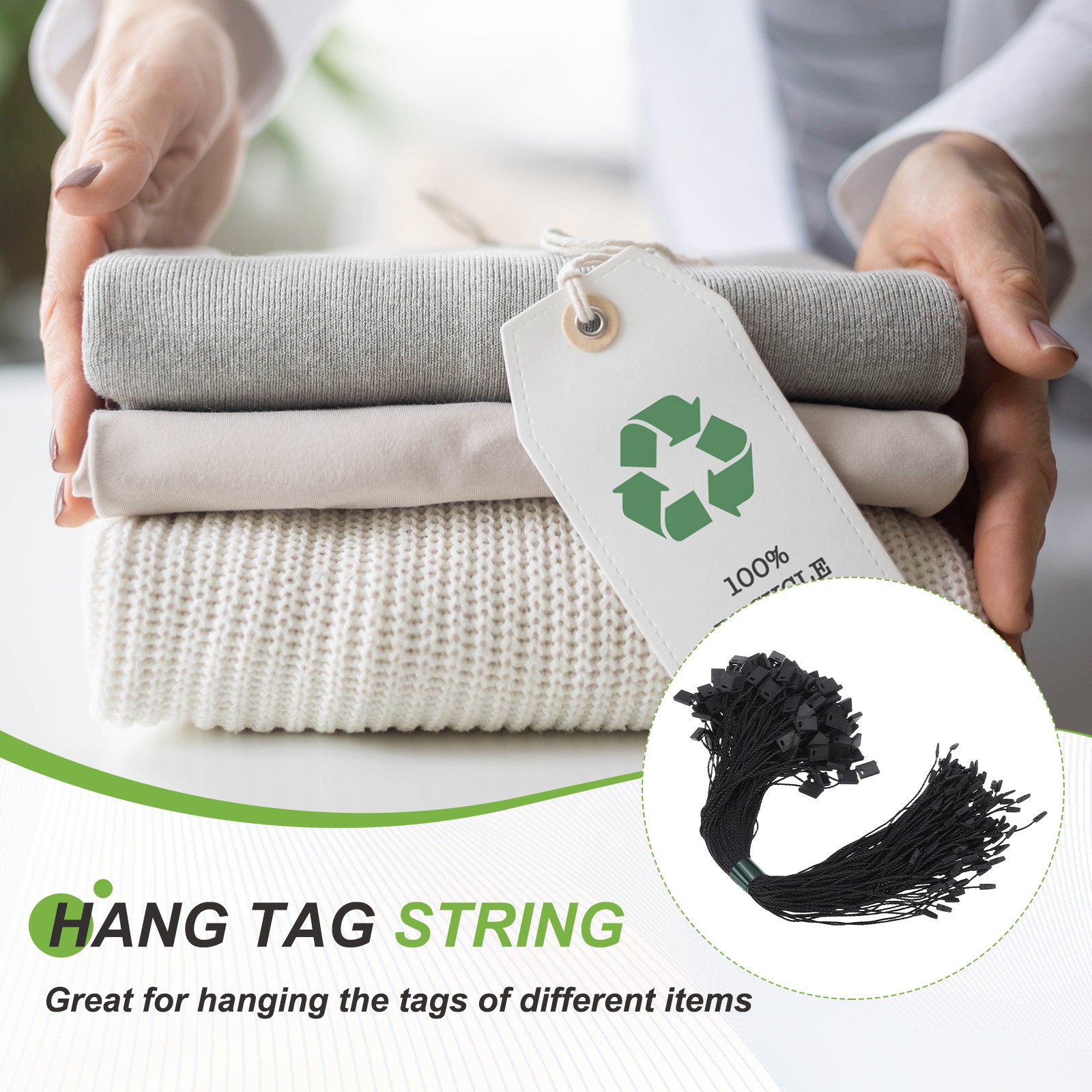 1000pcs Polyester Hang Tag String (9.1") - Plastic Snap Lock Pin Loop Black