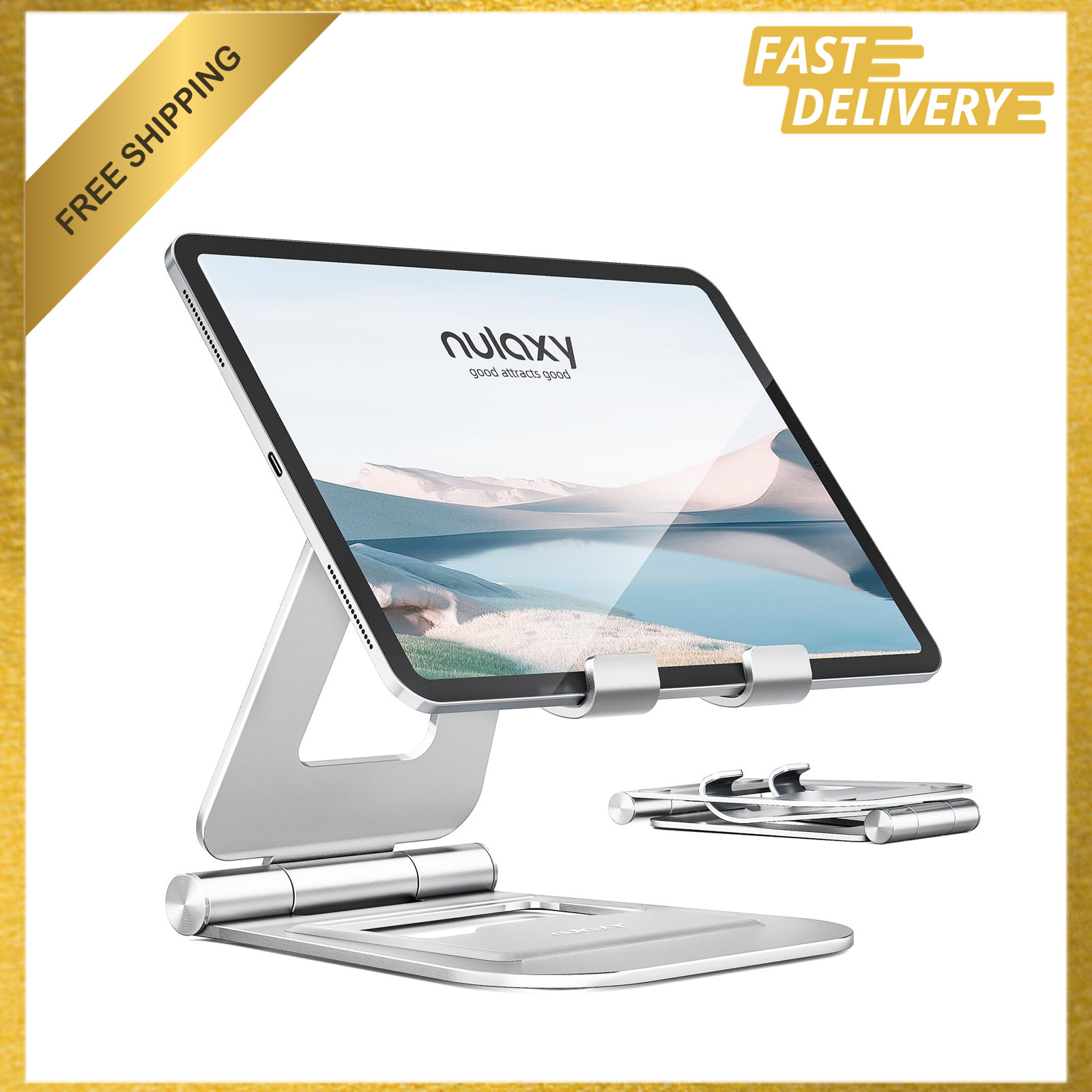 Dual Adjustable Foldable Aluminum Tablet Stand, Silver, Compatible with iPad
