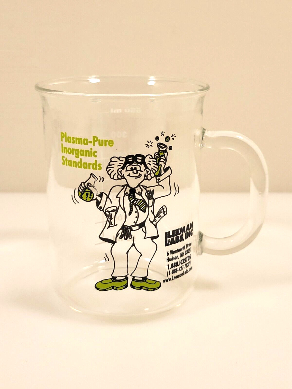 LEEMAN LABS Glass 350 ml Beaker Coffee Mug Cup w/ Chemist Character Vtg RARE!