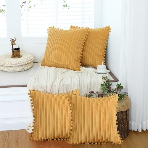 Throw Pillow Covers 18x18 Set of 4 Soft Corduroy 18" x 18" (Pack of 4) Yellow