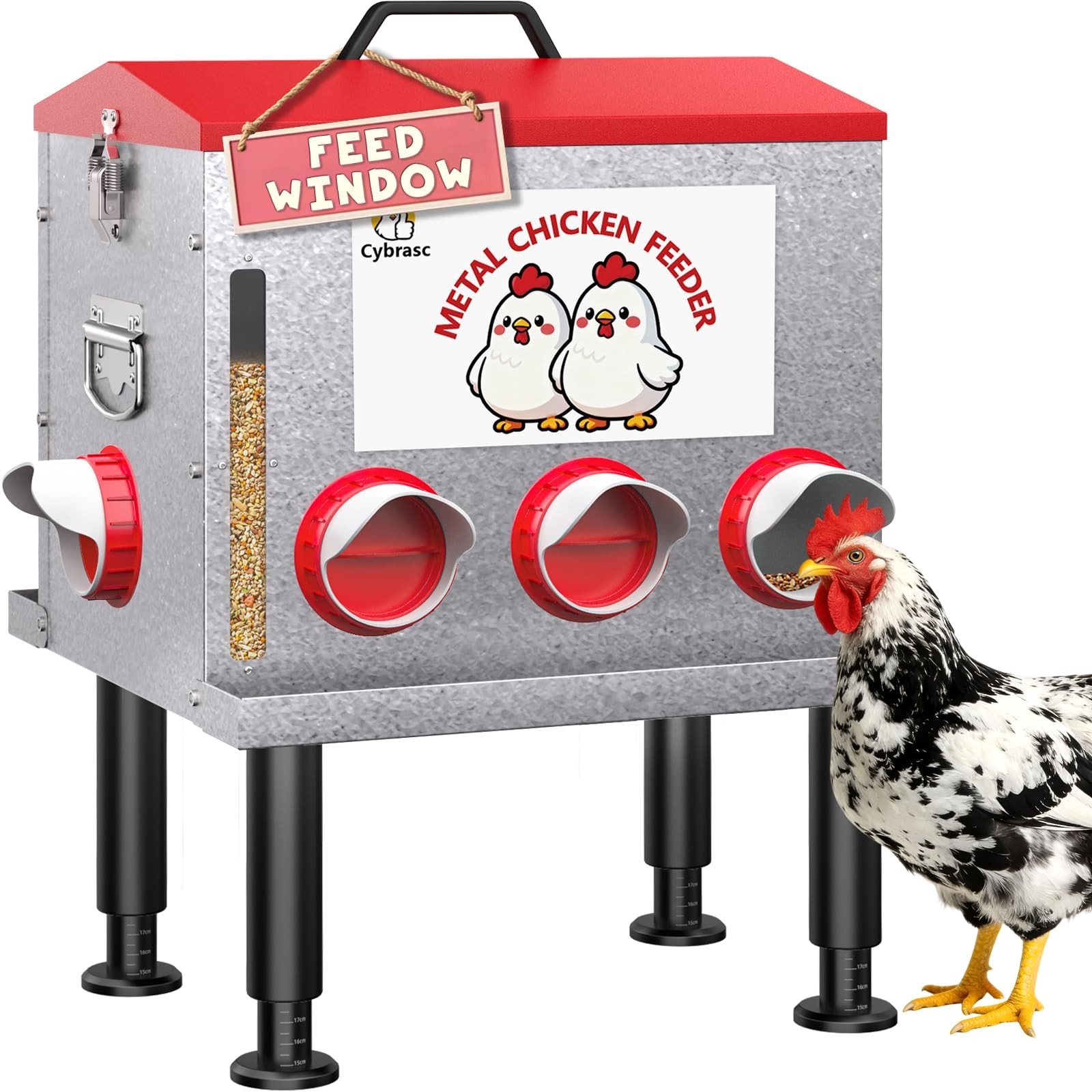 10-Gal 55LB Metal Chicken Feeder with Window, Dual No-Waste Design, Automatic...
