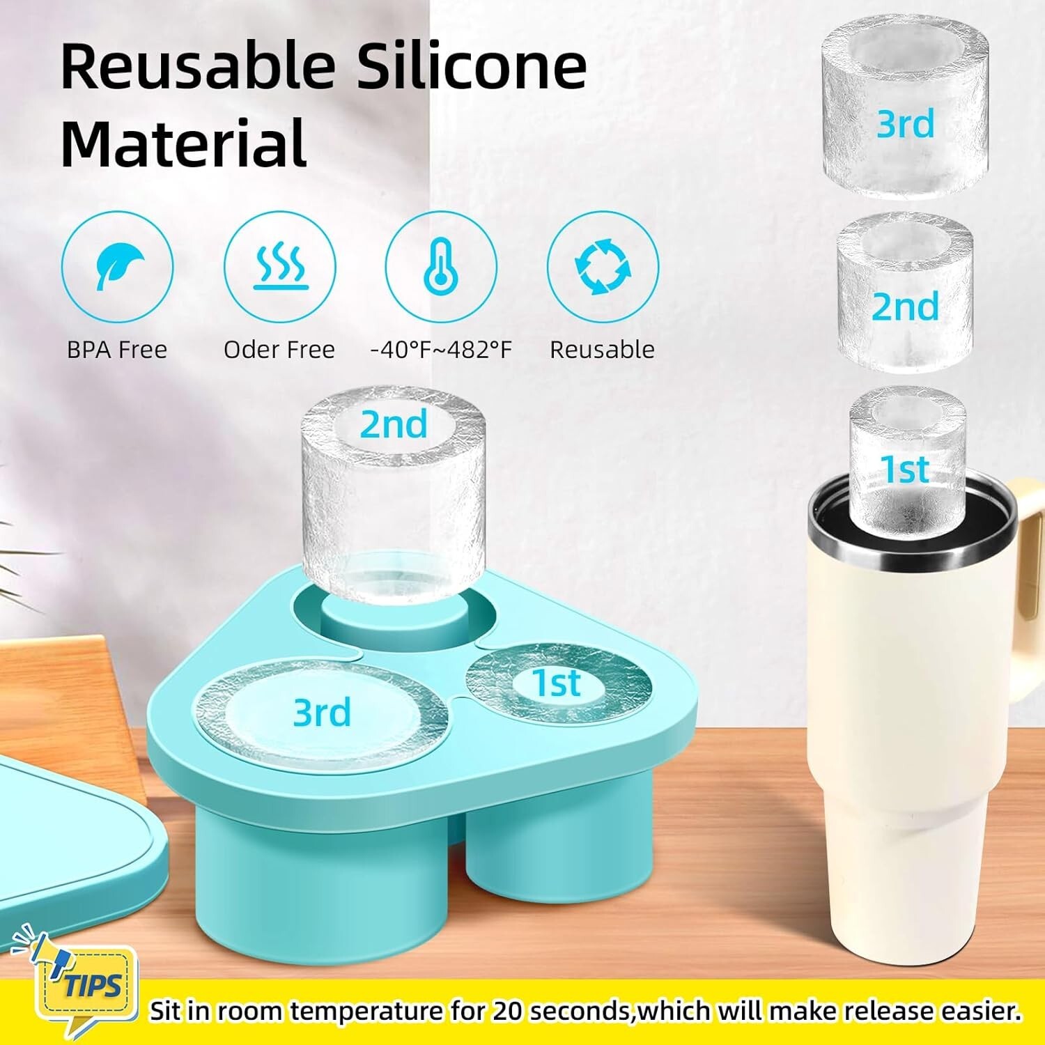 Triangle Ice Cube Tray for Stanley Cup Easy-Release Silicone 3 Hollow Cylinders