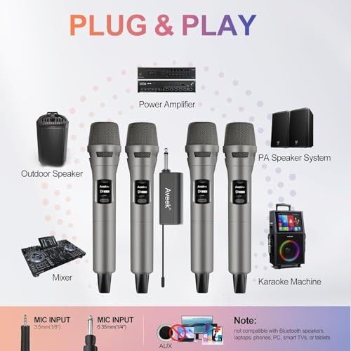 4 Packs Wireless Microphone System, Plug & Play Karaoke Microphone Set Brown