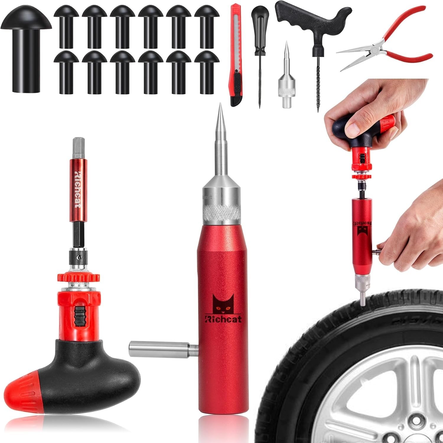 Richcat Tubeless Tire Puncture Repair Kit with Mushroom Plug, Repairs punctur...