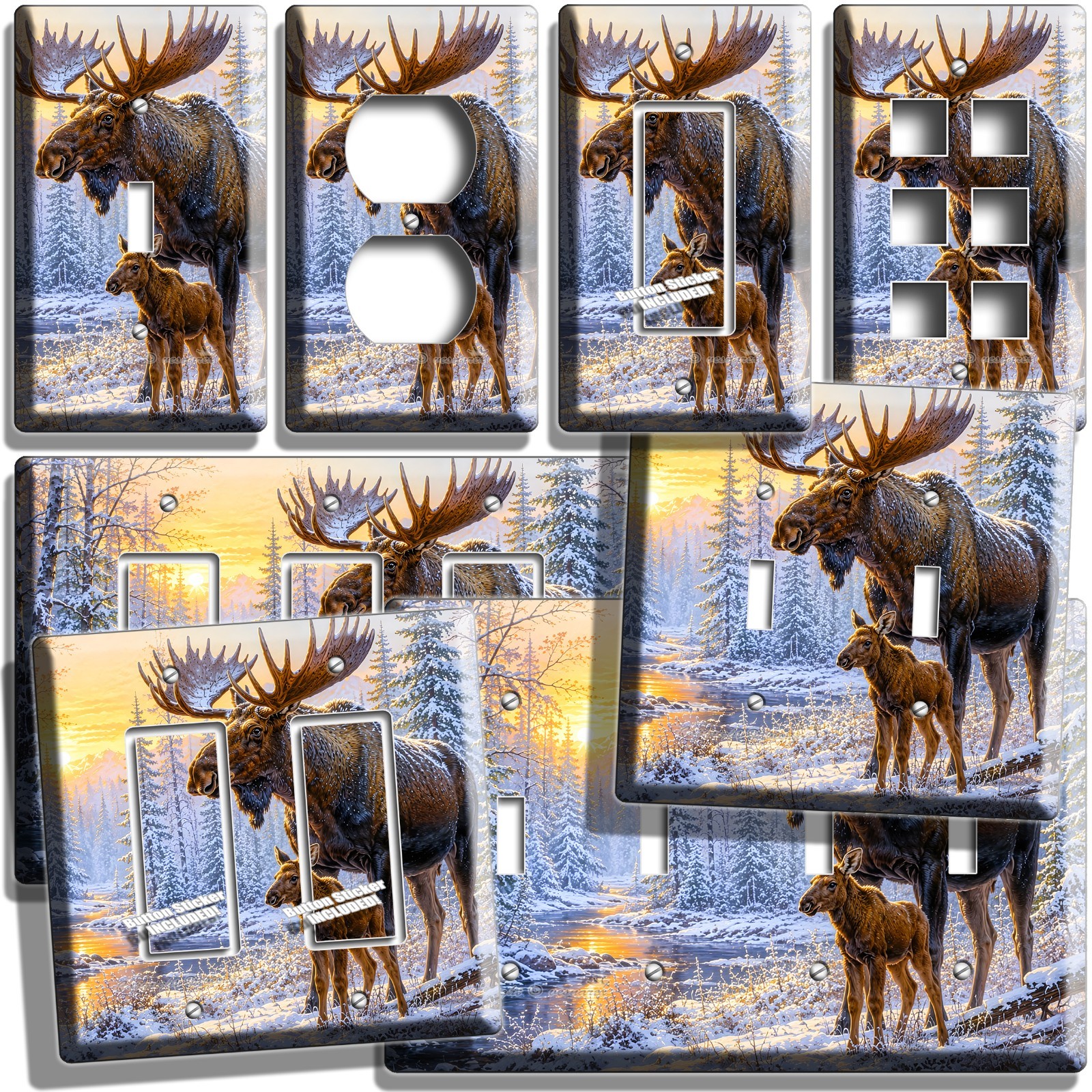 MOOSE BABY CALF WINTER SNOWY FOREST SUNRISE LIGHT SWITCH OUTLET WALL PLATE DECOR