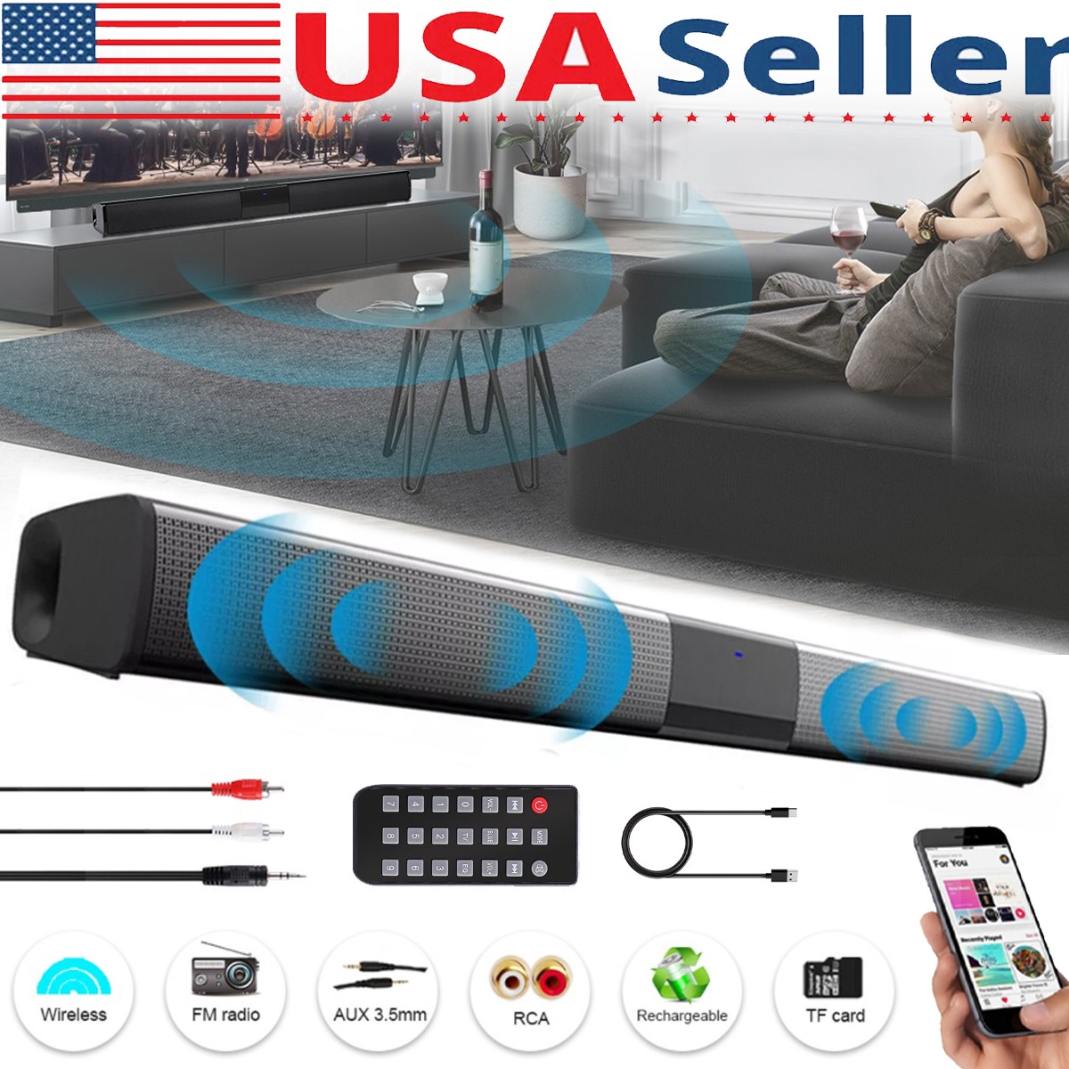 Surround Sound Bar 4 Speaker System Wireless BT Subwoofer TV Home Theater&Remote