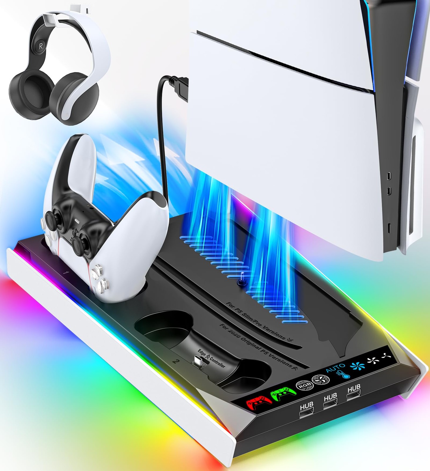 PS5/Slim/Pro Stand for Disc & Digital Console, PS5 Cooling & Black & White