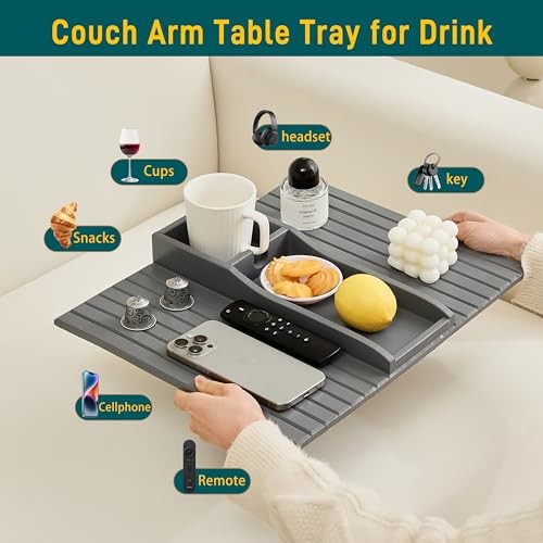 Bamboo Couch Cup Holder Arm Tray Table，Couch Drink Holder，Sofa Cup Holder Gray