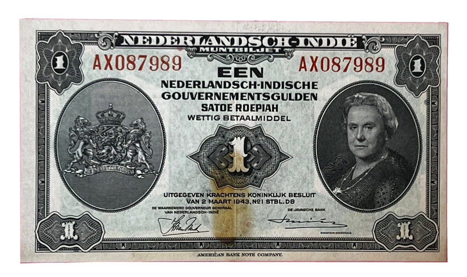 WW2 Netherland Indies 1943 1 Gulden Banknote Currency NEDELANDSCH INDIE